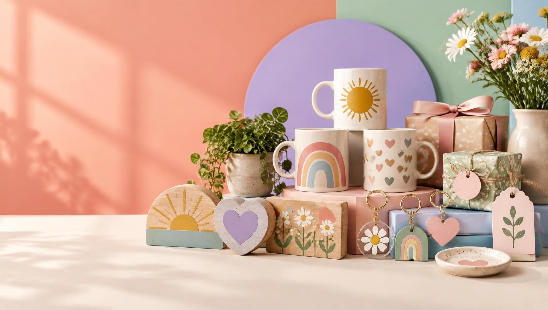 Colourful handmade mugs, plaques, keyrings and decorative gifts